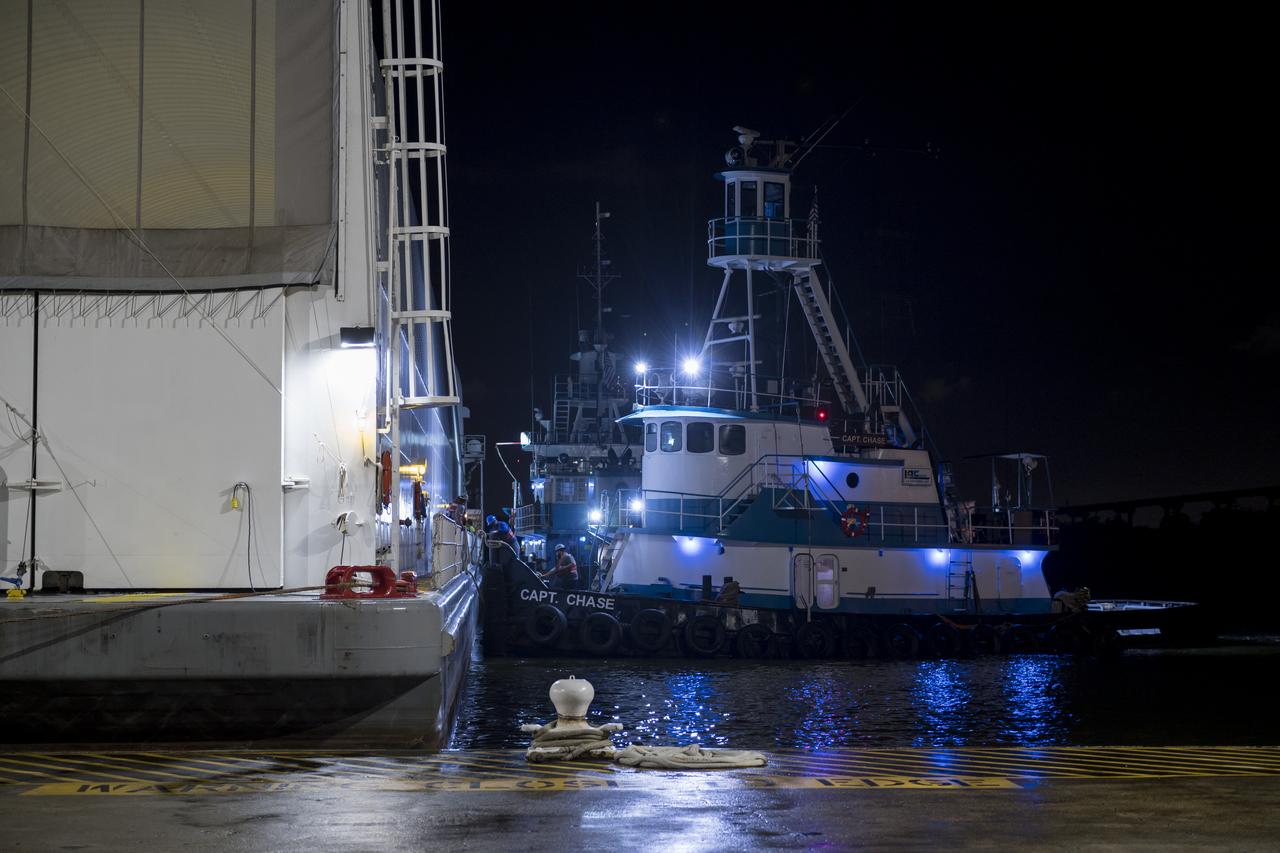 These images show NASA’s Pegasus barge at NASA’s Michoud Assembly Facility in New Orleans as it transported the Artemis I launch vehicle stage adapter (LVSA) of the agency’s Space Launch System rocket to NASA’s Kennedy Space Center in Florida. Leaving with the adapter from NASA’s Marshall Space Flight Center in Huntsville, Alabama, Pegasus made a brief stop at Michoud to offload supplies and equipment before continuing its to Kennedy. The LVSA connects the deep space rocket’s 212-foot-tall core stage to the rocket’s upper stage and will be used for Artemis I, the first in a series of increasingly complex missions to the Moon through NASA’s Artemis program. Once at Kennedy, the LVSA will undergo Artemis I launch preparations. Only the SLS core stage, currently in final testing at NASA’s Stennis Space Center near Bay St. Louis, Mississippi, remains to be shipped to Kennedy on Pegasus. The core stage is produced at Michoud.   Together with four RS-25 engines, the rocket’s massive 212-foot-tall core stage — the largest stage NASA has ever built — and its twin solid rocket boosters produce 8.8 million pounds of thrust to send NASA’s Orion spacecraft, astronauts and supplies beyond Earth’s orbit to the Moon. Offering more payload mass, volume capacity and energy to speed missions through space, the SLS rocket, along with NASA’s Gateway in lunar orbit, the Human Landing System and Orion, is part of NASA’s backbone for deep space exploration and the Artemis lunar program. No other rocket is capable of carrying astronauts in Orion around the Moon in a single mission.